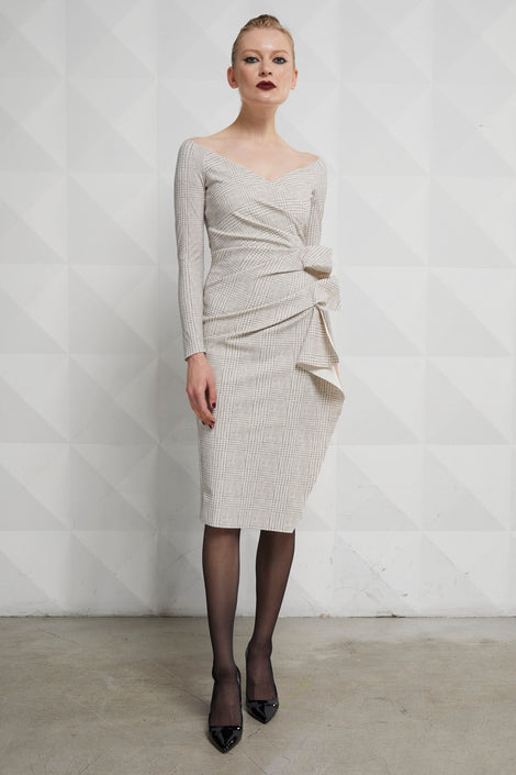 elegant calf-length dress with grey v-neck