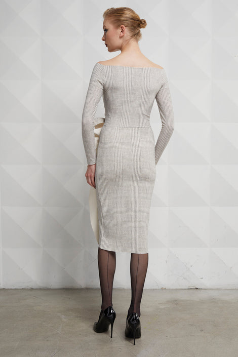 elegant calf-length dress with grey v-neck