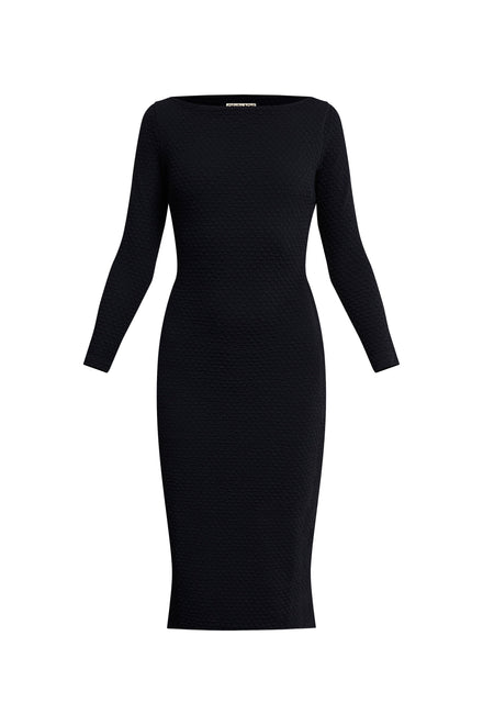 elegant black sheath dress with boat neckline