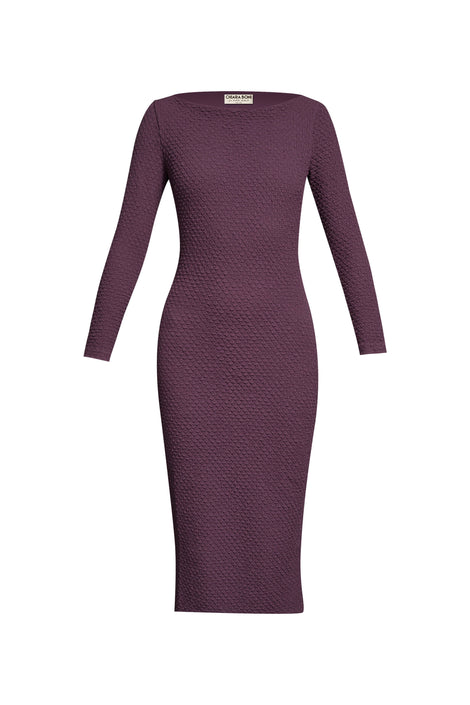 elegant dark purple sheath dress with boat neckline