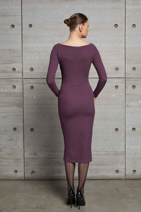elegant dark purple sheath dress with boat neckline