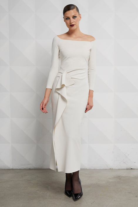 white long-sleeved midi dress